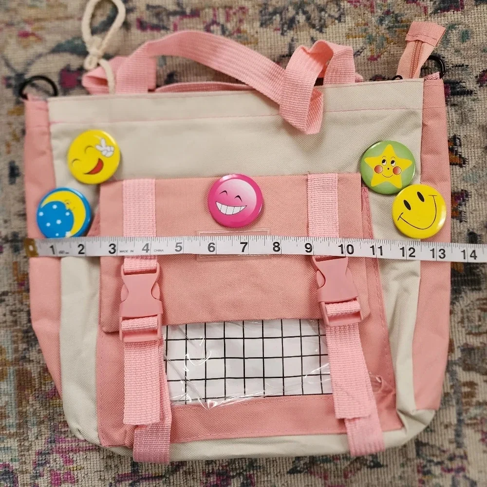 Pink Kawaii Backpack Pin Decor Multi Pocket School Bag OS